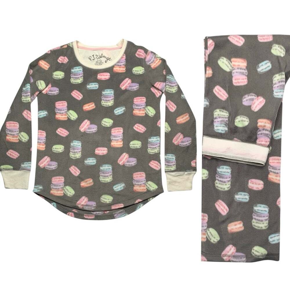 PJ Salvage Macarons Pajama Set XS Gray Multicolor Fuzzy Fleece Top Bottom 2PC PJ